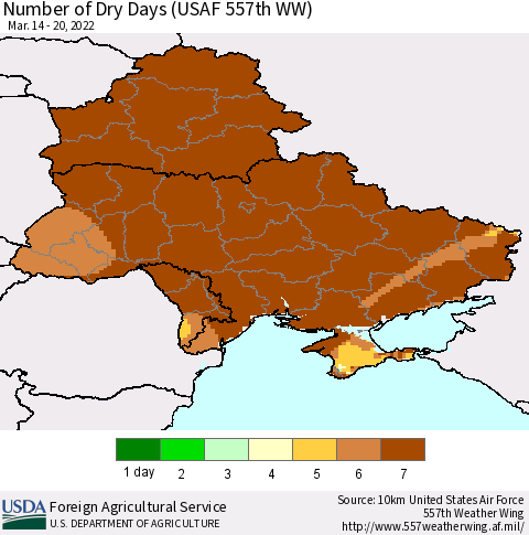 Ukraine, Moldova and Belarus Number of Dry Days (USAF 557th WW) Thematic Map For 3/14/2022 - 3/20/2022