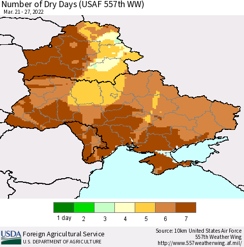 Ukraine, Moldova and Belarus Number of Dry Days (USAF 557th WW) Thematic Map For 3/21/2022 - 3/27/2022