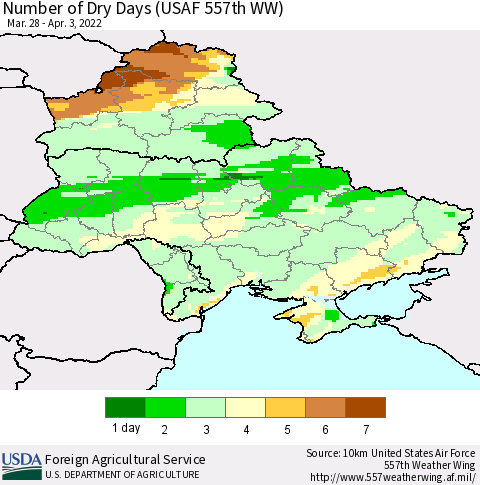 Ukraine, Moldova and Belarus Number of Dry Days (USAF 557th WW) Thematic Map For 3/28/2022 - 4/3/2022