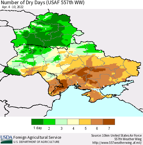 Ukraine, Moldova and Belarus Number of Dry Days (USAF 557th WW) Thematic Map For 4/4/2022 - 4/10/2022