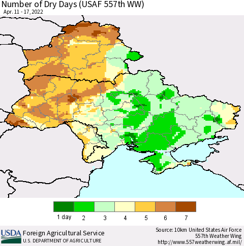 Ukraine, Moldova and Belarus Number of Dry Days (USAF 557th WW) Thematic Map For 4/11/2022 - 4/17/2022