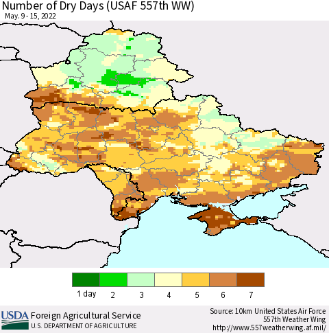 Ukraine, Moldova and Belarus Number of Dry Days (USAF 557th WW) Thematic Map For 5/9/2022 - 5/15/2022