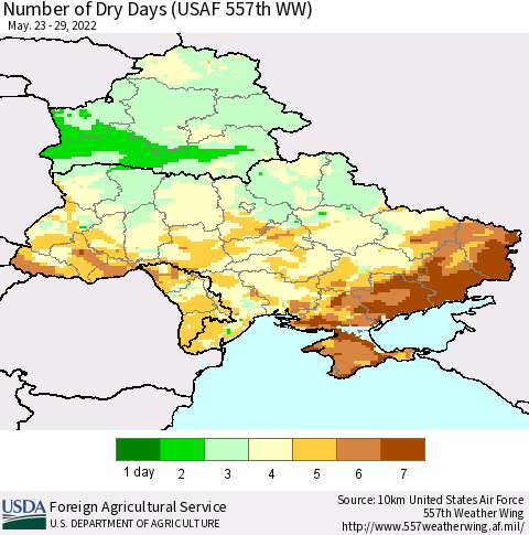 Ukraine, Moldova and Belarus Number of Dry Days (USAF 557th WW) Thematic Map For 5/23/2022 - 5/29/2022