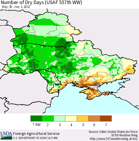 Ukraine, Moldova and Belarus Number of Dry Days (USAF 557th WW) Thematic Map For 5/30/2022 - 6/5/2022
