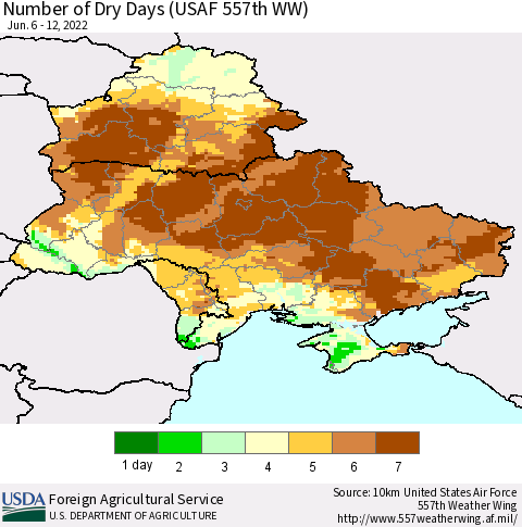 Ukraine, Moldova and Belarus Number of Dry Days (USAF 557th WW) Thematic Map For 6/6/2022 - 6/12/2022