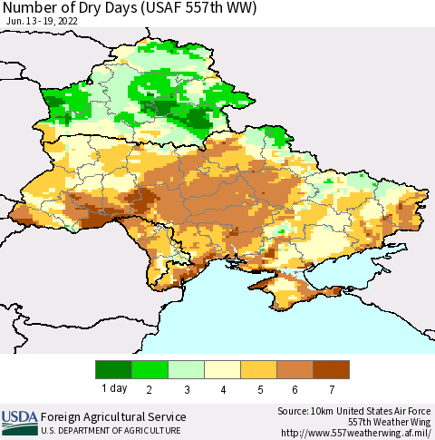 Ukraine, Moldova and Belarus Number of Dry Days (USAF 557th WW) Thematic Map For 6/13/2022 - 6/19/2022