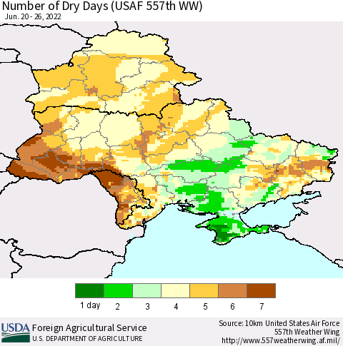 Ukraine, Moldova and Belarus Number of Dry Days (USAF 557th WW) Thematic Map For 6/20/2022 - 6/26/2022