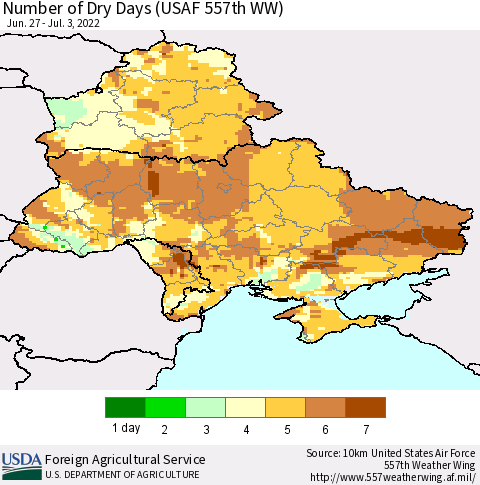 Ukraine, Moldova and Belarus Number of Dry Days (USAF 557th WW) Thematic Map For 6/27/2022 - 7/3/2022