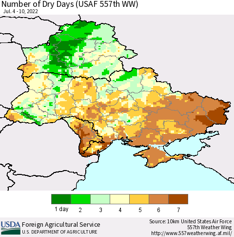 Ukraine, Moldova and Belarus Number of Dry Days (USAF 557th WW) Thematic Map For 7/4/2022 - 7/10/2022