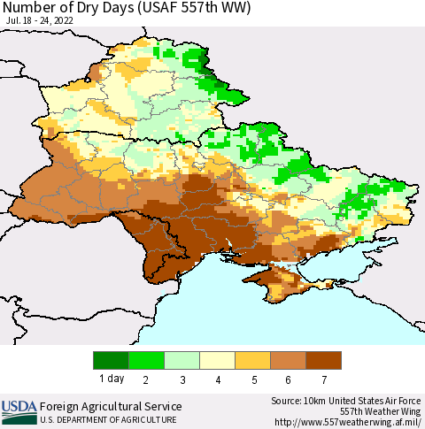 Ukraine, Moldova and Belarus Number of Dry Days (USAF 557th WW) Thematic Map For 7/18/2022 - 7/24/2022