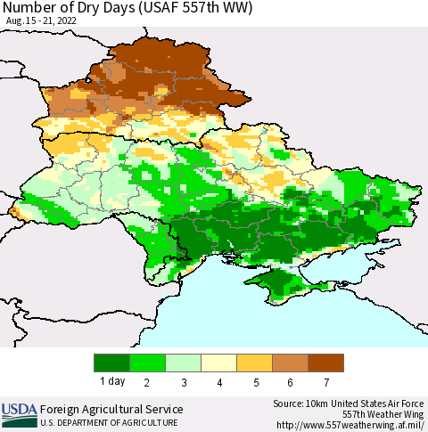 Ukraine, Moldova and Belarus Number of Dry Days (USAF 557th WW) Thematic Map For 8/15/2022 - 8/21/2022