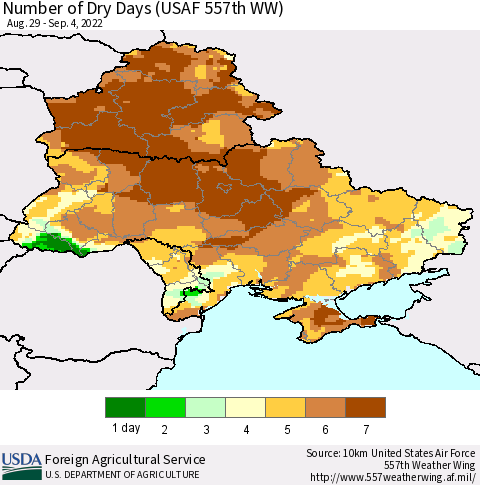 Ukraine, Moldova and Belarus Number of Dry Days (USAF 557th WW) Thematic Map For 8/29/2022 - 9/4/2022