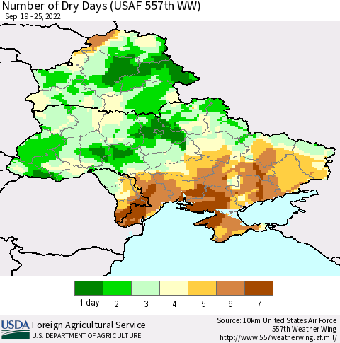 Ukraine, Moldova and Belarus Number of Dry Days (USAF 557th WW) Thematic Map For 9/19/2022 - 9/25/2022