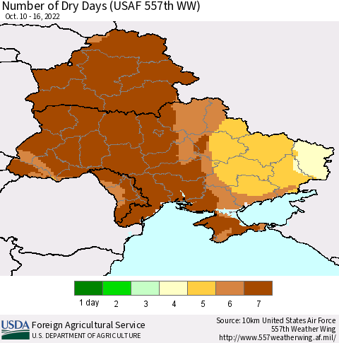 Ukraine, Moldova and Belarus Number of Dry Days (USAF 557th WW) Thematic Map For 10/10/2022 - 10/16/2022