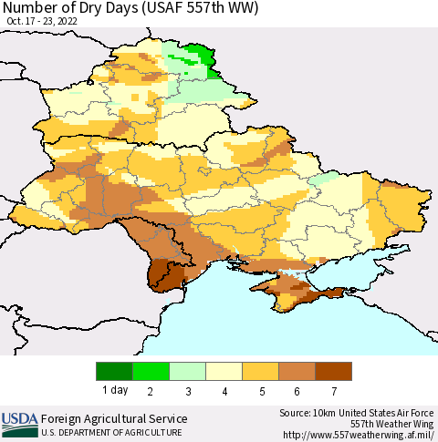 Ukraine, Moldova and Belarus Number of Dry Days (USAF 557th WW) Thematic Map For 10/17/2022 - 10/23/2022