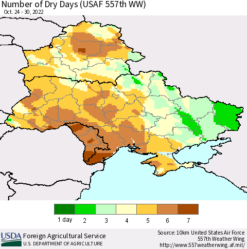Ukraine, Moldova and Belarus Number of Dry Days (USAF 557th WW) Thematic Map For 10/24/2022 - 10/30/2022