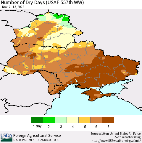 Ukraine, Moldova and Belarus Number of Dry Days (USAF 557th WW) Thematic Map For 11/7/2022 - 11/13/2022
