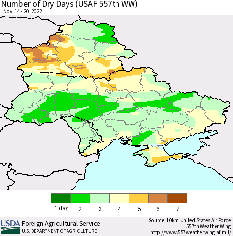 Ukraine, Moldova and Belarus Number of Dry Days (USAF 557th WW) Thematic Map For 11/14/2022 - 11/20/2022