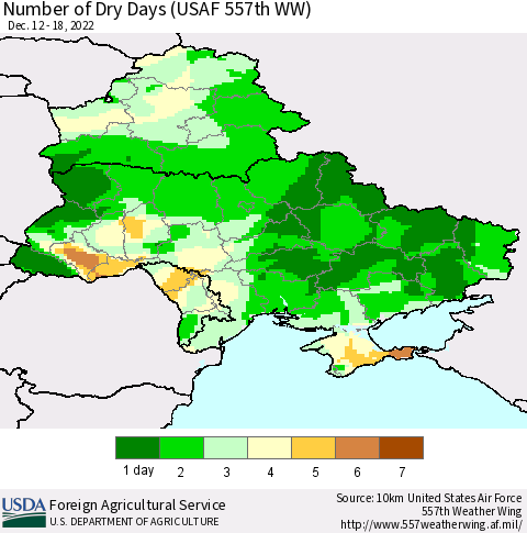 Ukraine, Moldova and Belarus Number of Dry Days (USAF 557th WW) Thematic Map For 12/12/2022 - 12/18/2022