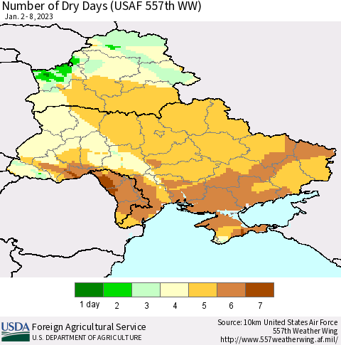 Ukraine, Moldova and Belarus Number of Dry Days (USAF 557th WW) Thematic Map For 1/2/2023 - 1/8/2023