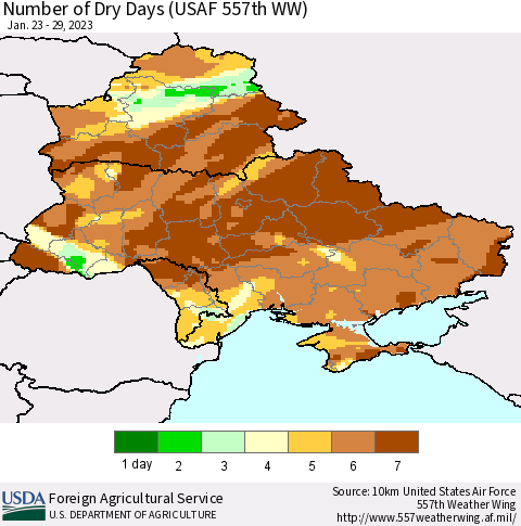 Ukraine, Moldova and Belarus Number of Dry Days (USAF 557th WW) Thematic Map For 1/23/2023 - 1/29/2023