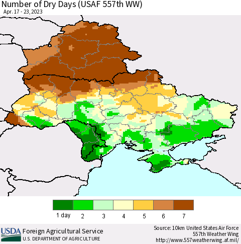Ukraine, Moldova and Belarus Number of Dry Days (USAF 557th WW) Thematic Map For 4/17/2023 - 4/23/2023