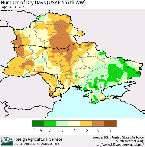 Ukraine, Moldova and Belarus Number of Dry Days (USAF 557th WW) Thematic Map For 4/24/2023 - 4/30/2023