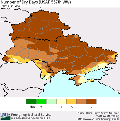 Ukraine, Moldova and Belarus Number of Dry Days (USAF 557th WW) Thematic Map For 5/8/2023 - 5/14/2023