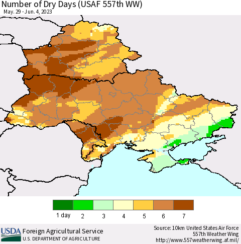 Ukraine, Moldova and Belarus Number of Dry Days (USAF 557th WW) Thematic Map For 5/29/2023 - 6/4/2023