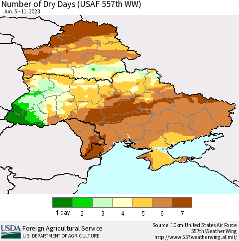 Ukraine, Moldova and Belarus Number of Dry Days (USAF 557th WW) Thematic Map For 6/5/2023 - 6/11/2023