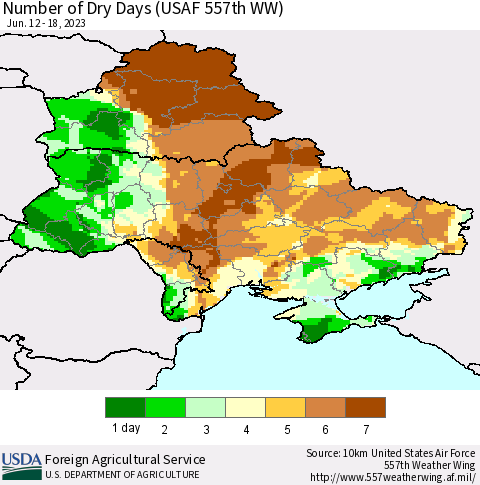 Ukraine, Moldova and Belarus Number of Dry Days (USAF 557th WW) Thematic Map For 6/12/2023 - 6/18/2023