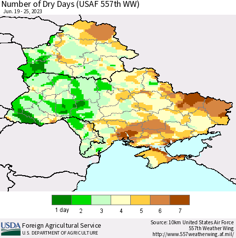 Ukraine, Moldova and Belarus Number of Dry Days (USAF 557th WW) Thematic Map For 6/19/2023 - 6/25/2023