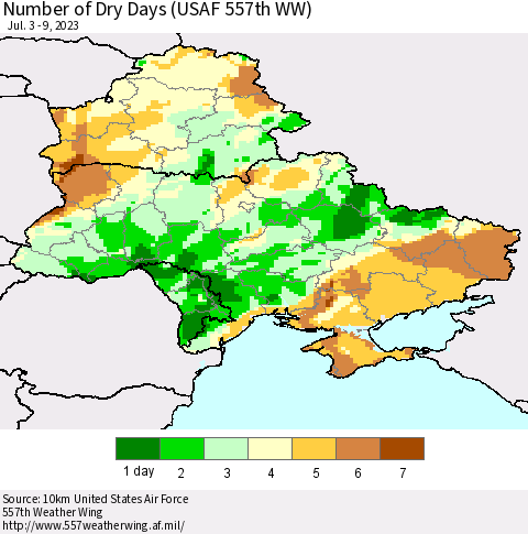 Ukraine, Moldova and Belarus Number of Dry Days (USAF 557th WW) Thematic Map For 7/3/2023 - 7/9/2023