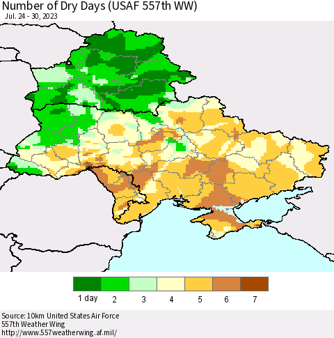 Ukraine, Moldova and Belarus Number of Dry Days (USAF 557th WW) Thematic Map For 7/24/2023 - 7/30/2023