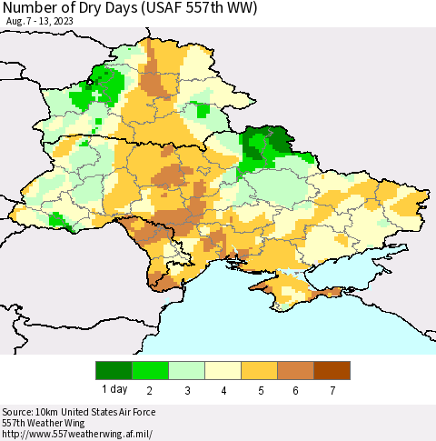 Ukraine, Moldova and Belarus Number of Dry Days (USAF 557th WW) Thematic Map For 8/7/2023 - 8/13/2023