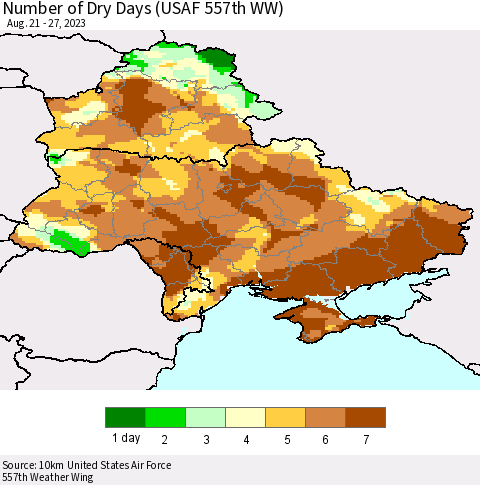 Ukraine, Moldova and Belarus Number of Dry Days (USAF 557th WW) Thematic Map For 8/21/2023 - 8/27/2023