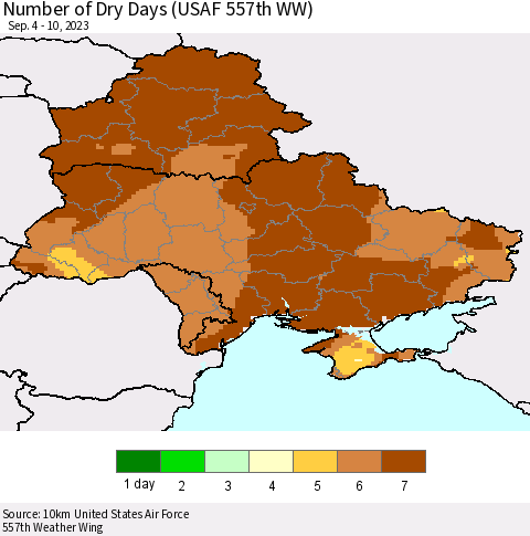 Ukraine, Moldova and Belarus Number of Dry Days (USAF 557th WW) Thematic Map For 9/4/2023 - 9/10/2023