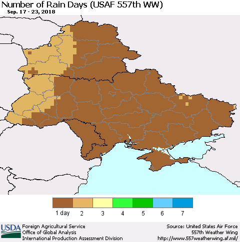 Ukraine, Moldova and Belarus Number of Rain Days (USAF 557th WW) Thematic Map For 9/17/2018 - 9/23/2018