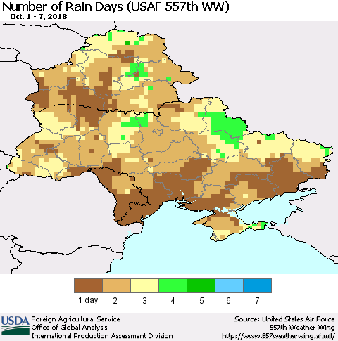 Ukraine, Moldova and Belarus Number of Rain Days (USAF 557th WW) Thematic Map For 10/1/2018 - 10/7/2018