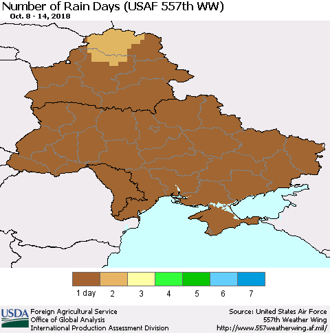 Ukraine, Moldova and Belarus Number of Rain Days (USAF 557th WW) Thematic Map For 10/8/2018 - 10/14/2018