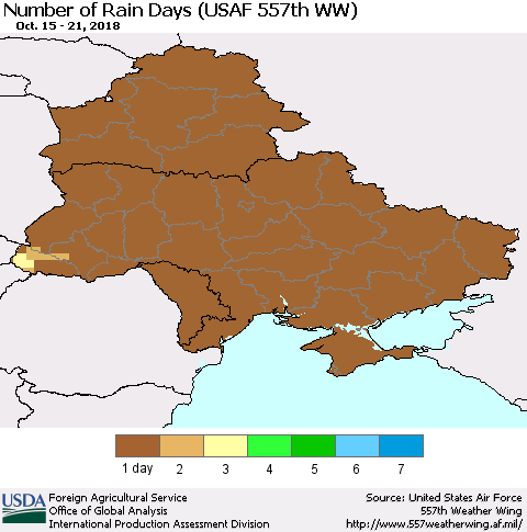 Ukraine, Moldova and Belarus Number of Rain Days (USAF 557th WW) Thematic Map For 10/15/2018 - 10/21/2018