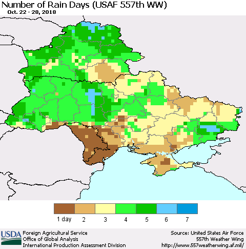 Ukraine, Moldova and Belarus Number of Rain Days (USAF 557th WW) Thematic Map For 10/22/2018 - 10/28/2018