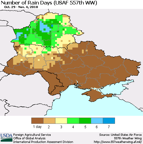 Ukraine, Moldova and Belarus Number of Rain Days (USAF 557th WW) Thematic Map For 10/29/2018 - 11/4/2018