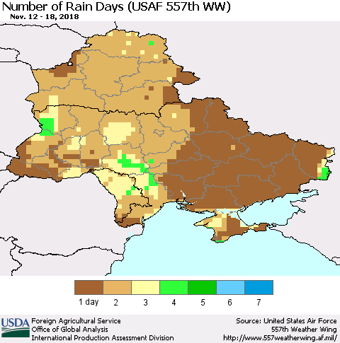 Ukraine, Moldova and Belarus Number of Rain Days (USAF 557th WW) Thematic Map For 11/12/2018 - 11/18/2018