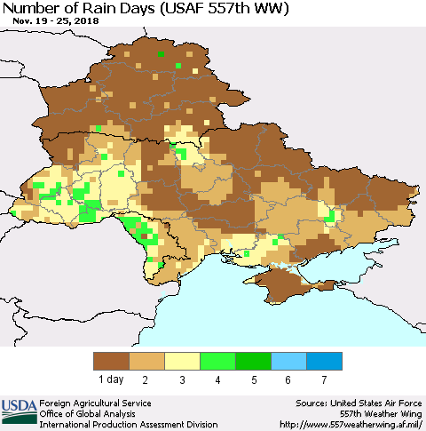 Ukraine, Moldova and Belarus Number of Rain Days (USAF 557th WW) Thematic Map For 11/19/2018 - 11/25/2018