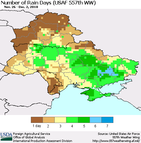 Ukraine, Moldova and Belarus Number of Rain Days (USAF 557th WW) Thematic Map For 11/26/2018 - 12/2/2018