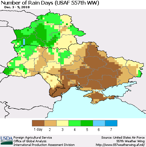 Ukraine, Moldova and Belarus Number of Rain Days (USAF 557th WW) Thematic Map For 12/3/2018 - 12/9/2018