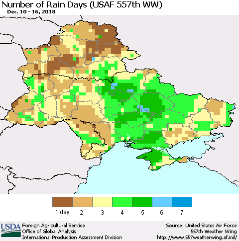 Ukraine, Moldova and Belarus Number of Rain Days (USAF 557th WW) Thematic Map For 12/10/2018 - 12/16/2018