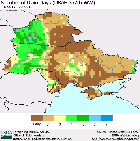 Ukraine, Moldova and Belarus Number of Rain Days (USAF 557th WW) Thematic Map For 12/17/2018 - 12/23/2018