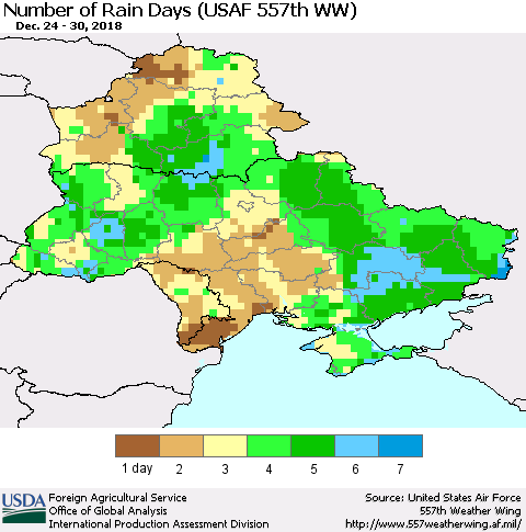 Ukraine, Moldova and Belarus Number of Rain Days (USAF 557th WW) Thematic Map For 12/24/2018 - 12/30/2018